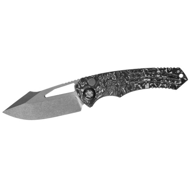 Heretic Knives Pariah Manual Button Lock Knife – White Camo Carbon, 4″ MagnaCut Stonewash
